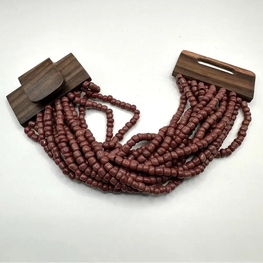 Bali Maroon Brown 14 Strand Bead Bracelet Wood Clasp Hard Wood Boho Casual